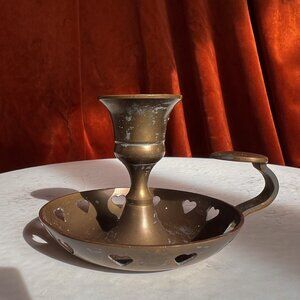 Vintage Small Single Candlestick Holder Bronze Hearts Saucer & Handle w/ Candle